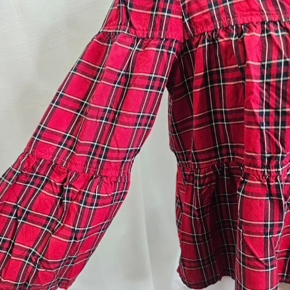 Madewell Red Plaid Tiered Button Back Swing Top Size Small